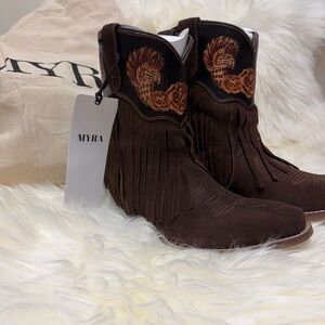 Myra Bag Brown Ankle Boots with Fringe